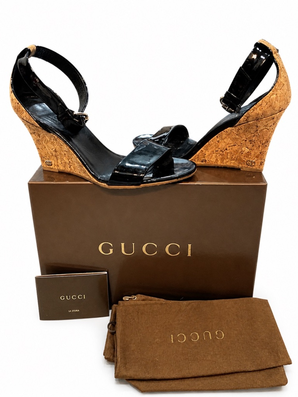 Gucci Black Patent Leather Cork Wedge Sandals